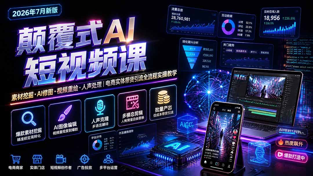 (19630期)颠覆式AI短视频课|素材挖掘,AI修图,视频重绘,人声处理|电商实体带货引流全流程实操教学网创吧-网创项目资源站-副业项目-创业项目-搞钱项目网创吧