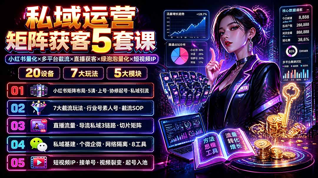 (19617期)私域运营矩阵获客5套课:小红书量化×多平台截流×直播获客×绿泡泡量化×短视频IP×20设备×7大玩法网创吧-网创项目资源站-副业项目-创业项目-搞钱项目网创吧