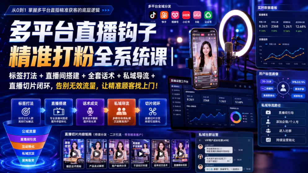 多平台直播钩子精准打粉全系统课｜标签打法+直播间搭建+全套话术+私域导流+直播切片闭环，告别无效流量，让精准顾客找上门！网创吧-网创项目资源站-副业项目-创业项目-搞钱项目网创吧