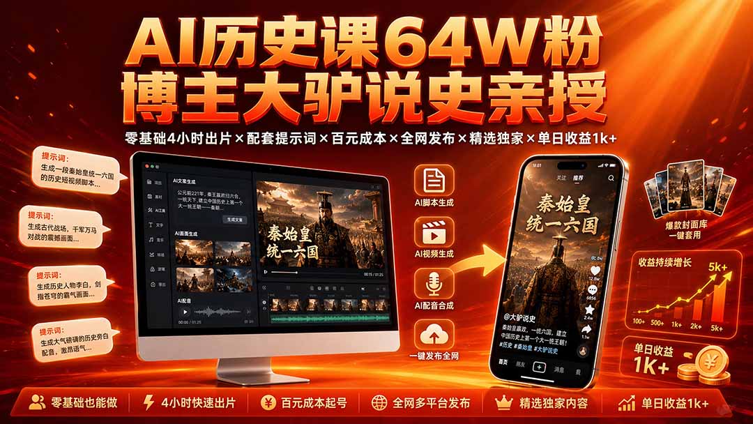 （19557期）AI历史课64W粉博主大驴说史亲授：零基础4小时出片×配套提示词×百元成本×全网发布×精选独家×单日收益1k+网创吧-网创项目资源站-副业项目-创业项目-搞钱项目网创吧