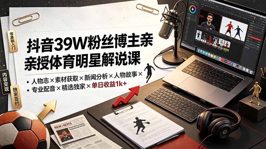 (19476期)抖音39W粉丝博主亲授体育明星解说课:人物志×素材获取×新闻分析×人物故事×专业配音×精选独家×单日收益1k+网创吧-网创项目资源站-副业项目-创业项目-搞钱项目网创吧