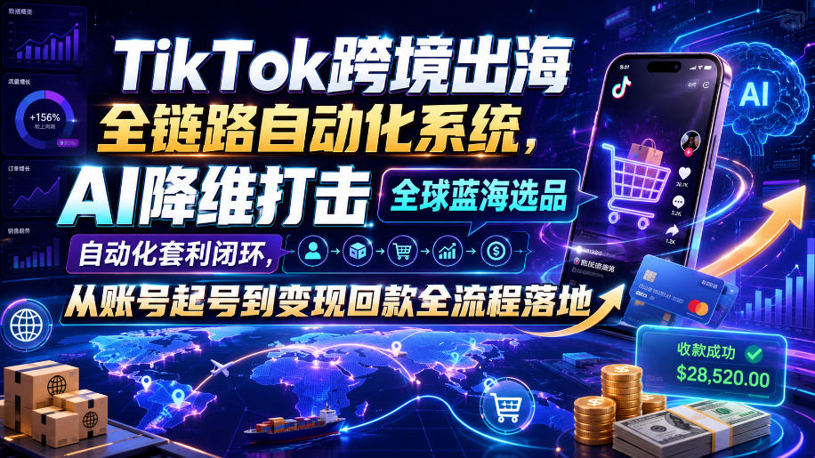 TikTok跨境出海全链路自动化系统,AI降维打击全球蓝海选品自动化套利闭环,从账号起号到变现回款全流程落地(2026年7月)网创吧-网创项目资源站-副业项目-创业项目-搞钱项目网创吧