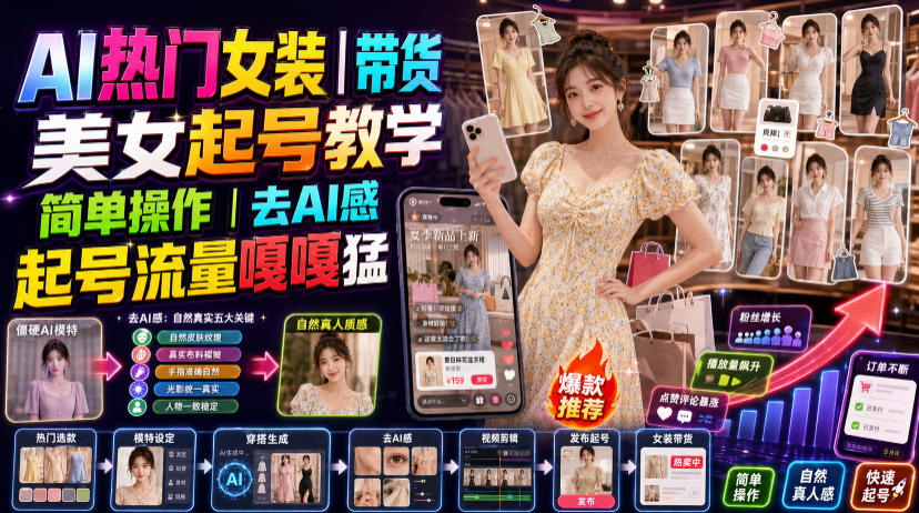 AI热门女装带货丨美女起号教学，简单操作，去AI感，起号流量嘎嘎猛网创吧-网创项目资源站-副业项目-创业项目-搞钱项目网创吧