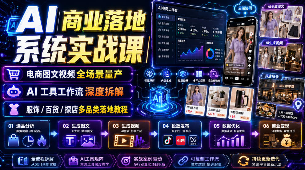 AI商业落地系统实战课|电商图文视频全场景量产・AI工具工作流深度拆解・服饰/百货/探店多品类落地教程网创吧-网创项目资源站-副业项目-创业项目-搞钱项目网创吧