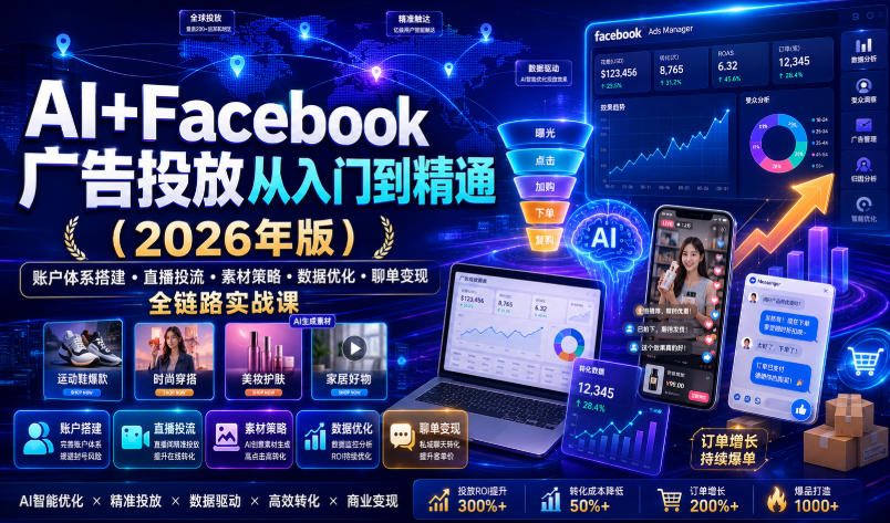AI+Facebook广告投放从入门到精通(2026年版)|账户体系搭建・直播投流・素材策略・数据优化・聊单变现全链路实战课网创吧-网创项目资源站-副业项目-创业项目-搞钱项目网创吧