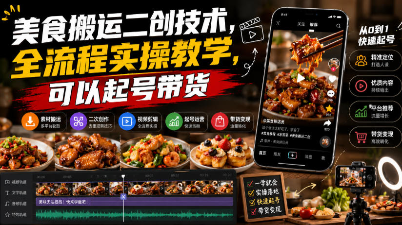 美食搬运二创技术，全流程实操教学，可以起号带货网创吧-网创项目资源站-副业项目-创业项目-搞钱项目网创吧