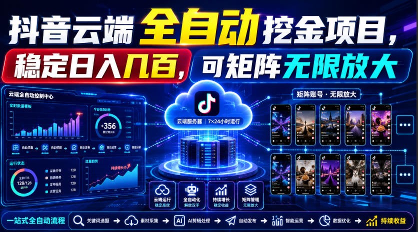 Dy云端全自动挖金项目,稳定日入几百,可矩阵无限放大!网创吧-网创项目资源站-副业项目-创业项目-搞钱项目网创吧