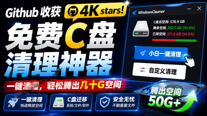 Github收获4K stars！免费C盘清理神器，轻松腾出几十G空间，支持C盘迁移Windows Cleaner网创吧-网创项目资源站-副业项目-创业项目-搞钱项目网创吧
