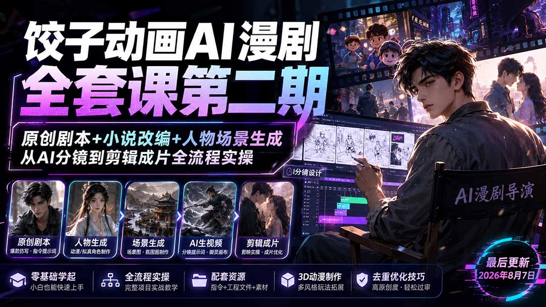 (19910期)饺子动画AI漫剧全套课第二期:原创剧本+小说改编+人物场景生成,从AI分镜到剪辑成片全流程实操网创吧-网创项目资源站-副业项目-创业项目-搞钱项目网创吧
