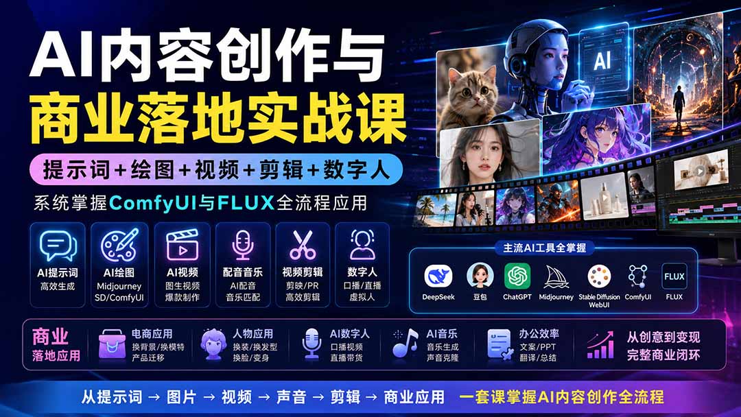 (19913期)AI内容创作与商业落地实战课:提示词+绘图+视频+剪辑+数字人,系统掌握ComfyUI与FLUX全流程应用网创吧-网创项目资源站-副业项目-创业项目-搞钱项目网创吧