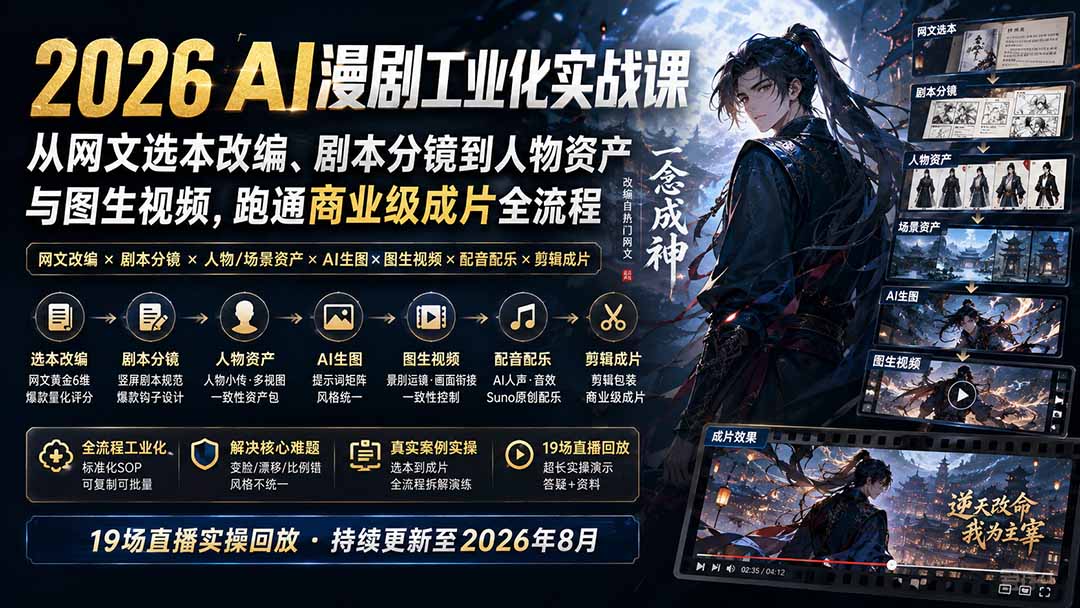 （20068期）2026 AI漫剧工业化实战课-更新：从网文选本改编、剧本分镜到人物资产与图生视频，跑通商业级成片全流程网创吧-网创项目资源站-副业项目-创业项目-搞钱项目网创吧