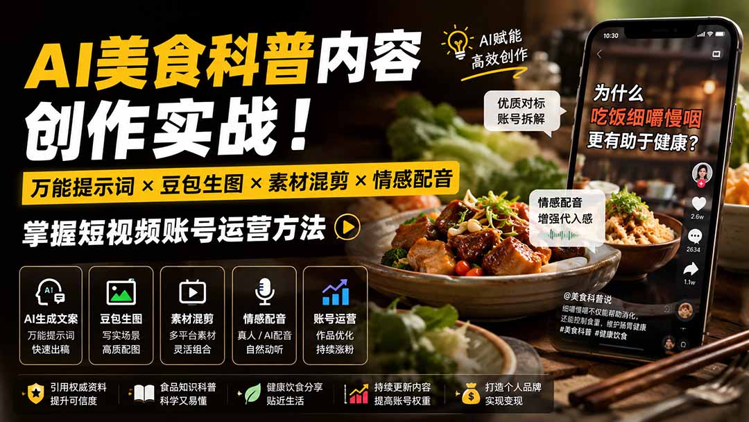 (19730期)外面卖199元-AI美食科普内容创作实战!万能提示词×豆包生图×素材混剪×情感配音,掌握短视频账号运营方法网创吧-网创项目资源站-副业项目-创业项目-搞钱项目网创吧