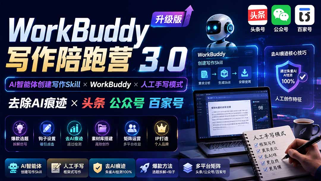 (19920期)WorkBuddy写作陪跑营3.0-更新:Ai智能体创建写作Skill×WorkBuddy×人工手写模式×去除AI痕迹×头条公众号百家号网创吧-网创项目资源站-副业项目-创业项目-搞钱项目网创吧