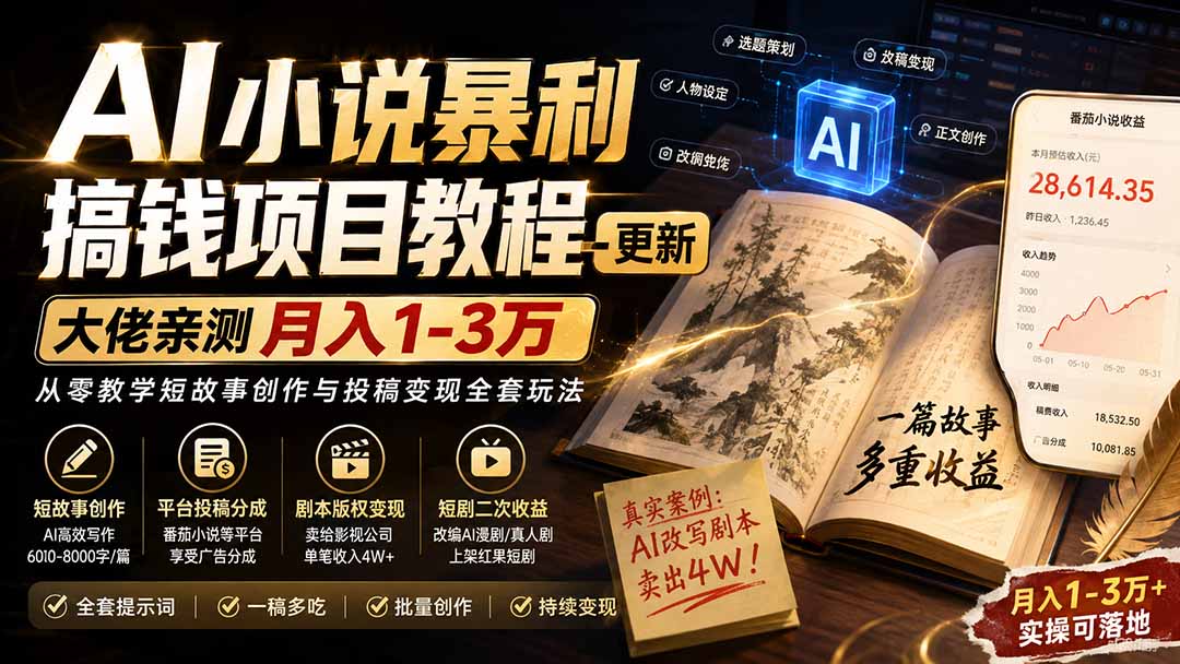 (20044期)AI小说暴利搞钱项目教程-更新,大佬亲测月入1-3万,从零教学短故事创作与投稿变现全套玩法网创吧-网创项目资源站-副业项目-创业项目-搞钱项目网创吧