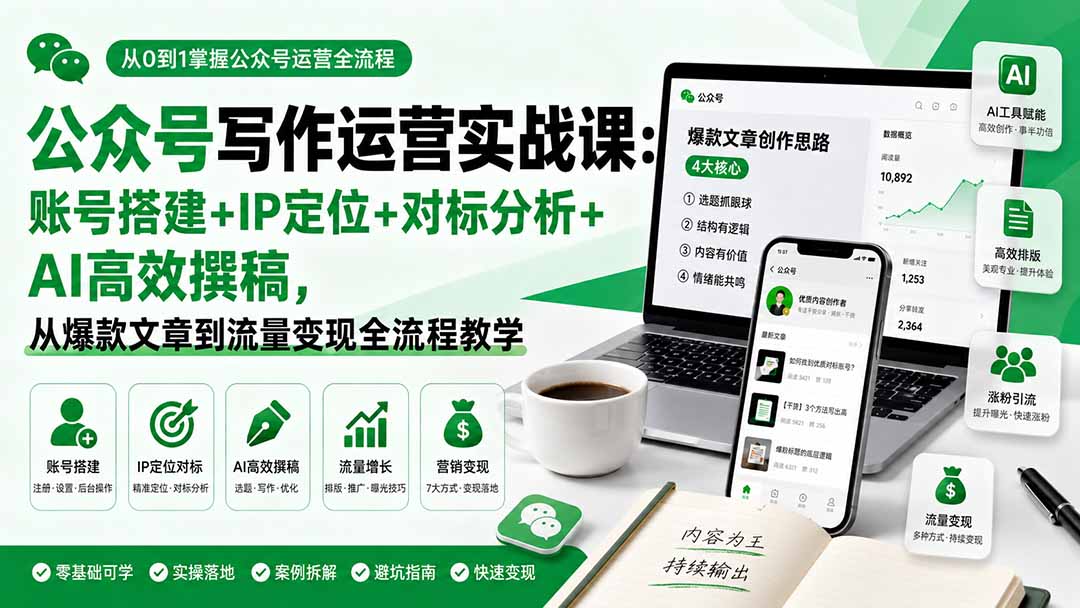 (19914期)公众号写作运营实战课:账号搭建+IP定位+对标分析+AI高效撰稿,从爆款文章到流量变现全流程教学网创吧-网创项目资源站-副业项目-创业项目-搞钱项目网创吧