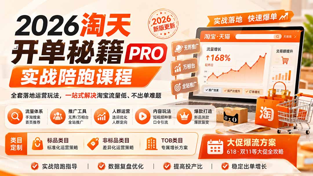 （20029期）2026淘天开单秘籍PRO实战陪跑课程：全套落地运营玩法，一站式解决淘宝流量低、不出单难题（更新260823）网创吧-网创项目资源站-副业项目-创业项目-搞钱项目网创吧