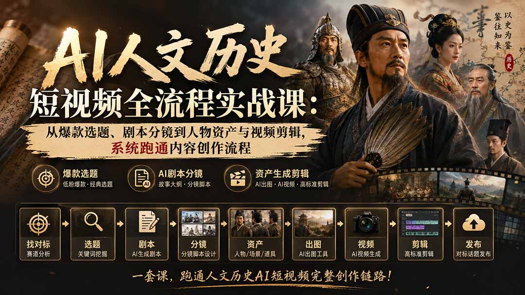 (20074期)AI人文历史短视频全流程实战课:从爆款选题、剧本分镜到人物资产与视频剪辑,系统跑通内容创作流程网创吧-网创项目资源站-副业项目-创业项目-搞钱项目网创吧