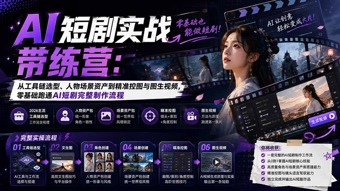 （20064期）AI短剧实战训练营：从工具链选型、人物场景资产到精准控图与图生视频，零基础跑通AI短剧完整制作流程网创吧-网创项目资源站-副业项目-创业项目-搞钱项目网创吧