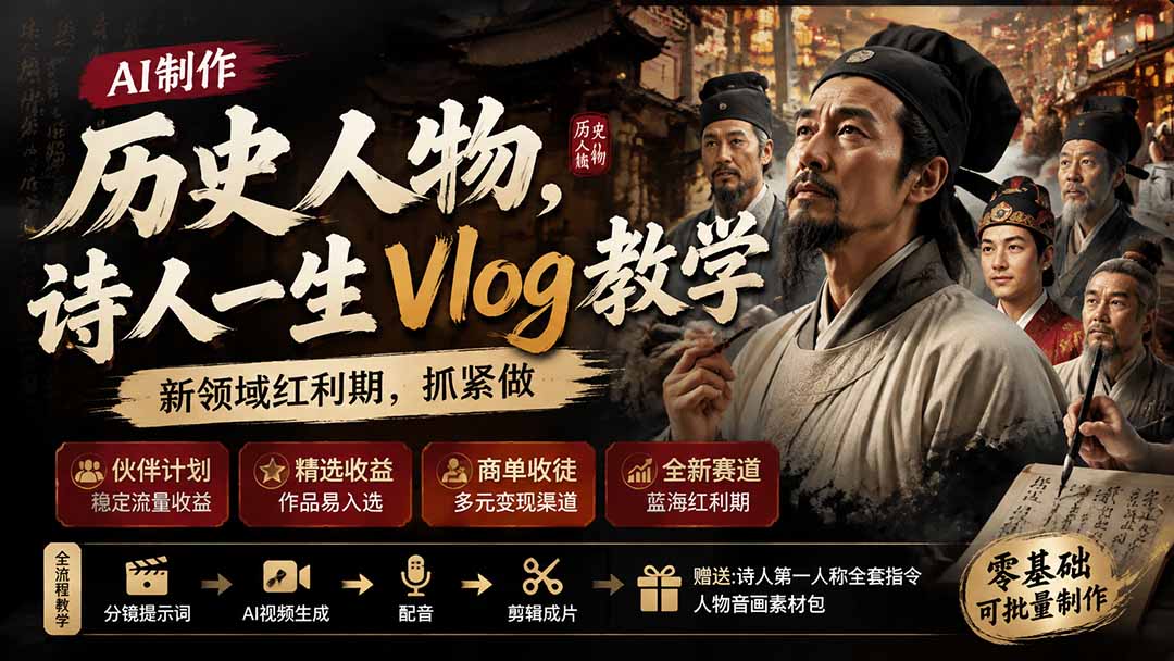 （19758期）历史人物，诗人一生Vlog教学， AI制作丨伙伴计划丨精选收益丨商单收徒 ，新领域红利期，抓紧做网创吧-网创项目资源站-副业项目-创业项目-搞钱项目网创吧
