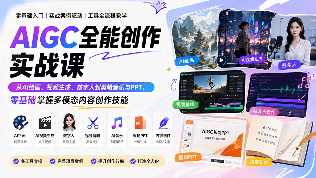 （20065期）AIGC全能创作实战课：从AI绘画、视频生成、数字人到剪辑音乐与PPT，零基础掌握多模态内容创作技能网创吧-网创项目资源站-副业项目-创业项目-搞钱项目网创吧