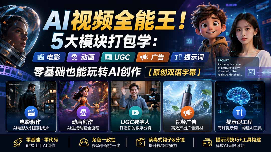 (20048期)AI视频全能王!5大模块打包学:电影、动画、UGC、广告、提示词,零基础也能玩转AI创作【原创双语字幕】网创吧-网创项目资源站-副业项目-创业项目-搞钱项目网创吧