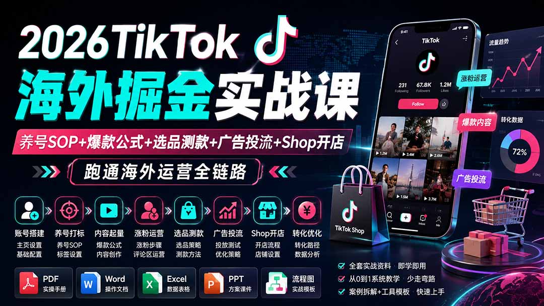 (19973期)2026TikTok海外掘金实战课——养号SOP+爆款公式+选品测款+广告投流+Shop开店,跑通海外运营全链路网创吧-网创项目资源站-副业项目-创业项目-搞钱项目网创吧