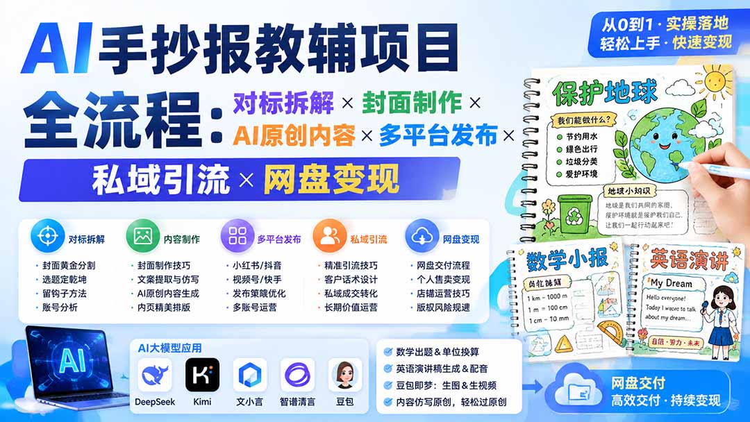 (19785期)AI手抄报教辅项目全流程:对标拆解×封面制作×AI原创内容×多平台发布×私域引流×网盘变现网创吧-网创项目资源站-副业项目-创业项目-搞钱项目网创吧