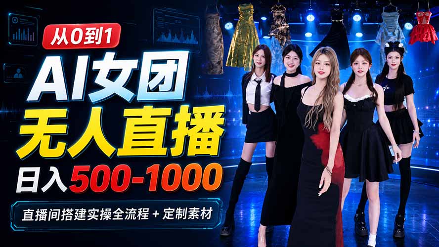 （20051期）AI 女团无人直播，躺入500‑1000每天，直播间搭建实操全流程+定制素材网创吧-网创项目资源站-副业项目-创业项目-搞钱项目网创吧
