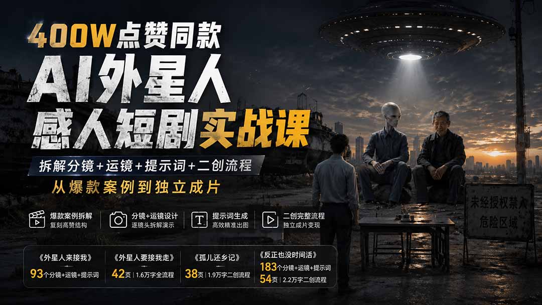 （20052期）400W点赞同款AI外星人感人短剧实战课：拆解分镜+运镜+提示词+二创流程，从爆款案例到独立成片网创吧-网创项目资源站-副业项目-创业项目-搞钱项目网创吧