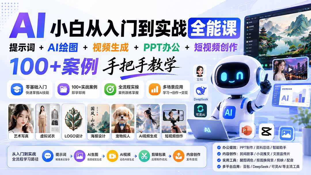（20018期）AI小白从入门到实战全能课：提示词+AI绘图+视频生成+PPT办公+短视频创作，100+案例手把手教学网创吧-网创项目资源站-副业项目-创业项目-搞钱项目网创吧