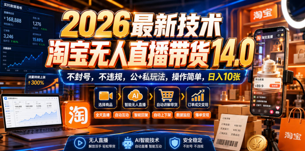 2026最新技术,淘宝无人直播带货14.0,不封号,不违规,公+私玩法,操作简单,日入10张【揭秘】网创吧-网创项目资源站-副业项目-创业项目-搞钱项目网创吧