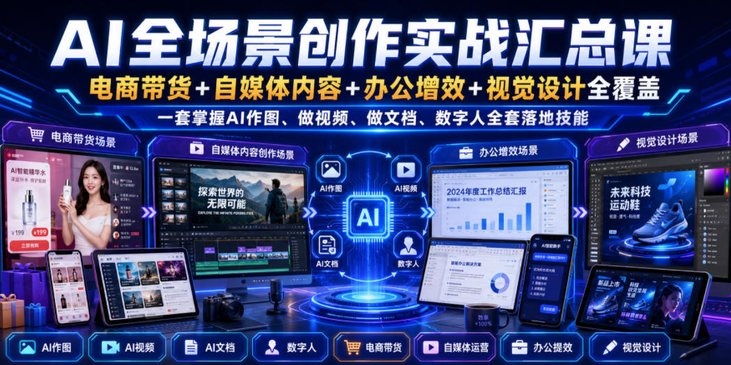 AI全场景创作实战汇总课｜电商带货+自媒体内容+办公增效+视觉设计全覆盖，一套掌握AI作图、做视频、做文档、数字人全套落地技能网创吧-网创项目资源站-副业项目-创业项目-搞钱项目网创吧