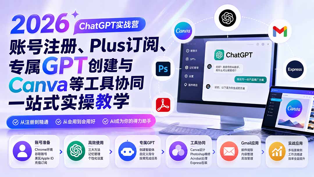 (19924期)2026 ChatGPT实战营;账号注册、Plus订阅、专属GPT创建与Canva等工具协同一站式实操教学网创吧-网创项目资源站-副业项目-创业项目-搞钱项目网创吧