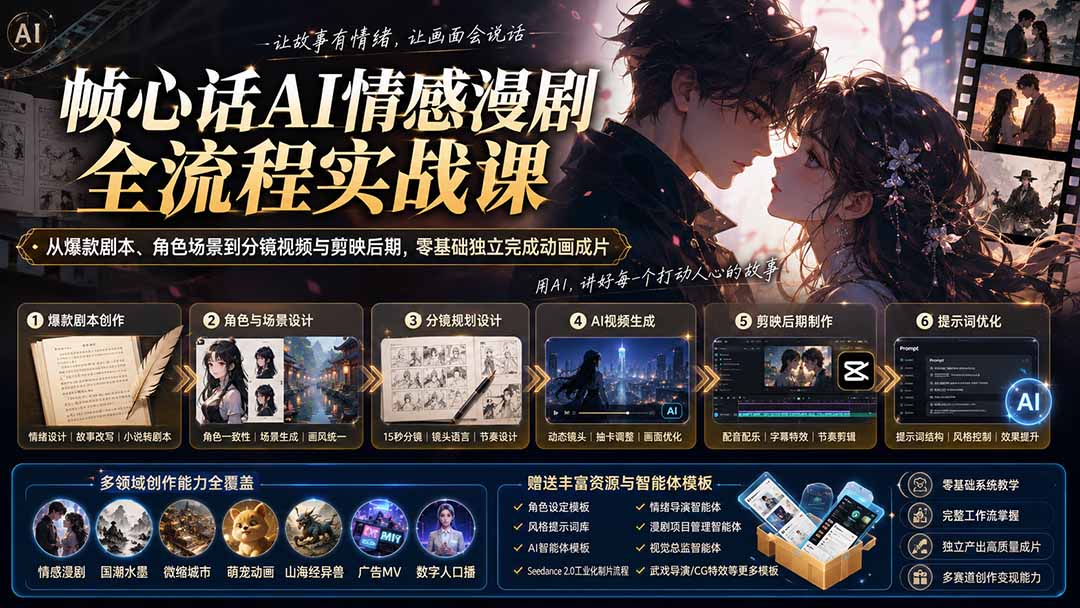 (20036期)帧心话AI情感漫剧全流程实战课:从爆款剧本、角色场景到分镜视频与剪映后期,零基础独立完成动画成片网创吧-网创项目资源站-副业项目-创业项目-搞钱项目网创吧
