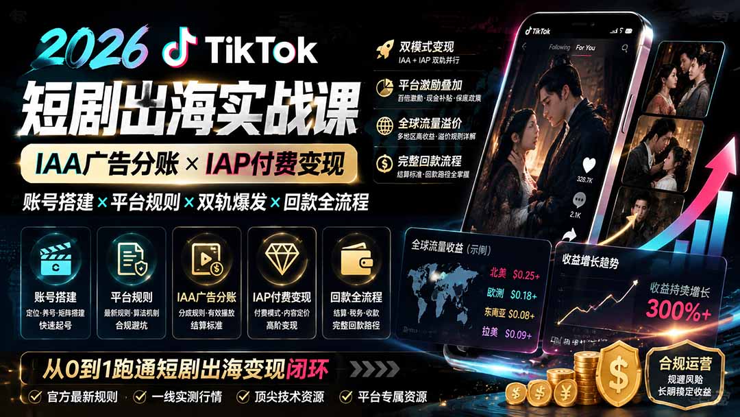 (19740期)2026TikTok短剧出海实战课:IAA广告分账×IAP付费变现×账号搭建×平台规则×双轨爆发×回款全流程网创吧-网创项目资源站-副业项目-创业项目-搞钱项目网创吧