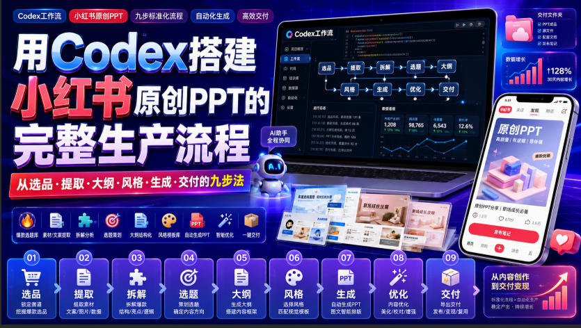 用Codex搭建小红书原创PPT的完整生产流程,从选品·提取·大纲·风格·生成·交付的九步法网创吧-网创项目资源站-副业项目-创业项目-搞钱项目网创吧