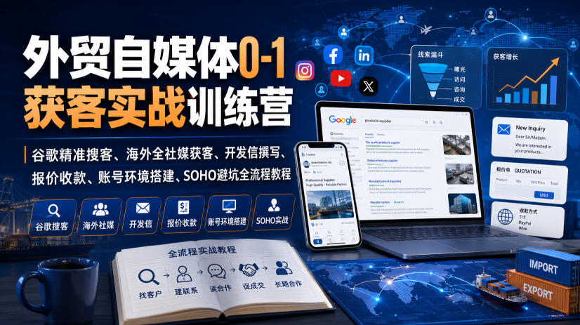 外贸自媒体0-1获客实战训练营|谷歌精准搜客、海外全社媒获客、开发信撰写、报价收款、账号环境搭建、SOHO避坑全流程教程网创吧-网创项目资源站-副业项目-创业项目-搞钱项目网创吧