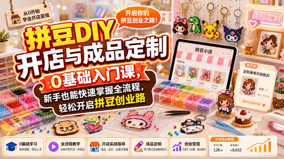 拼豆DIY开店与成品定制0基础入门课,新手也能快速掌握全流程,轻松开启拼豆创业路网创吧-网创项目资源站-副业项目-创业项目-搞钱项目网创吧
