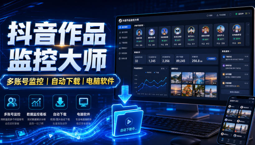 抖音作品监控大师,多账号监控丨自动下载丨电脑软件网创吧-网创项目资源站-副业项目-创业项目-搞钱项目网创吧