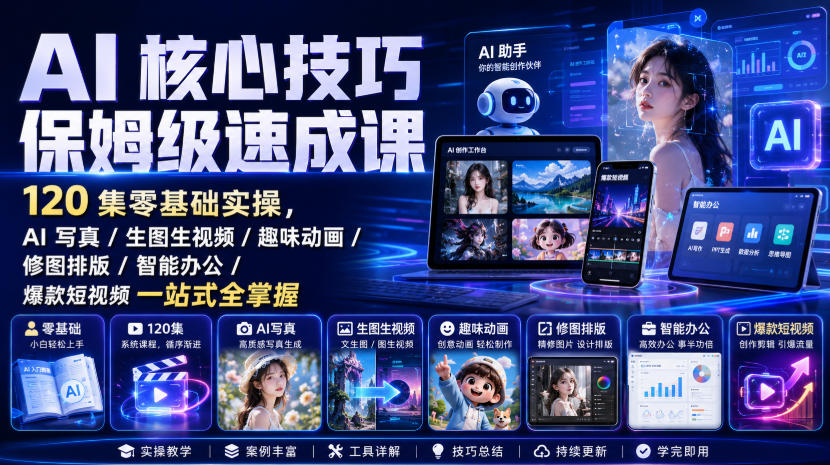 AI核心技巧保姆级速成课|120集零基础实操,AI写真/生图生视频/趣味动画/修图排版/智能办公/爆款短视频一站式全掌握网创吧-网创项目资源站-副业项目-创业项目-搞钱项目网创吧