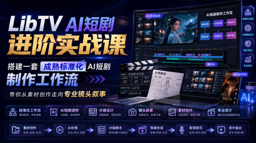 LibTV AI短剧进阶实战课，搭建一套成熟标准化AI短剧制作工作流，带你从素材创作走向专业镜头叙事网创吧-网创项目资源站-副业项目-创业项目-搞钱项目网创吧