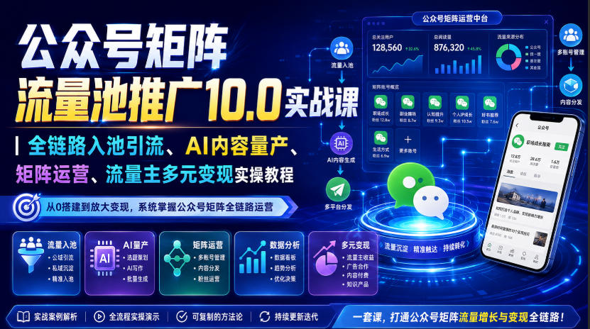 公众号矩阵流量池推广10.0实战课|全链路入池引流、AI内容量产、矩阵运营、流量主多元变现实操教程网创吧-网创项目资源站-副业项目-创业项目-搞钱项目网创吧