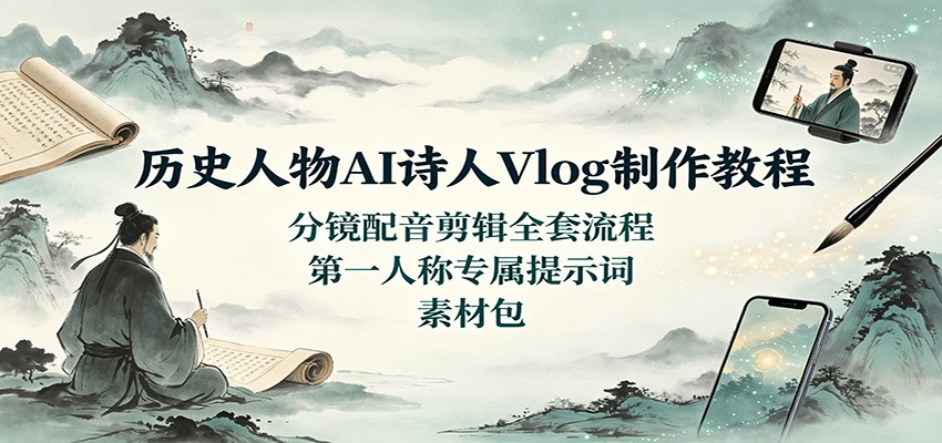 历史人物AI诗人Vlog制作教程：分镜配音剪辑全套流程，第一人称专属提示词素材包网创吧-网创项目资源站-副业项目-创业项目-搞钱项目网创吧