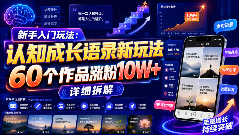 新手入门玩法:认知成长语录新玩法,60个作品涨粉10W+,详细拆解网创吧-网创项目资源站-副业项目-创业项目-搞钱项目网创吧