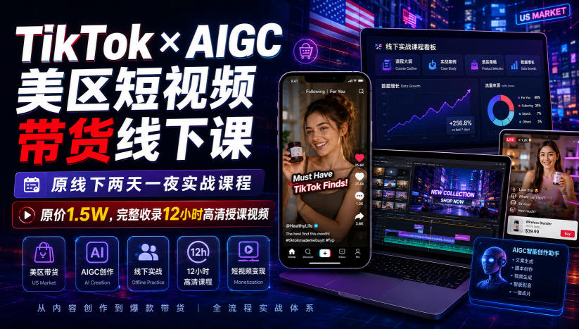 TikTok×AIGC美区短视频带货线下课,原线下两天一夜实战课程,原价1.5W,完整收录12小时高清授课视频网创吧-网创项目资源站-副业项目-创业项目-搞钱项目网创吧