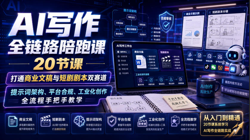 AI写作全链路陪跑课|20节课打通商业文稿与短剧剧本双赛道,提示词架构、平台合规、工业化创作全流程手把手教学网创吧-网创项目资源站-副业项目-创业项目-搞钱项目网创吧