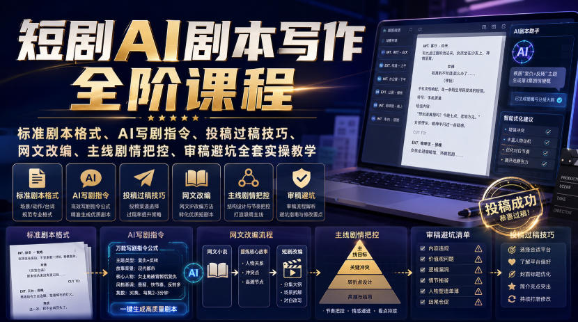 短剧AI剧本写作全阶课程|标准剧本格式、AI写剧指令、投稿过稿技巧、网文改编、主线剧情把控、审稿避坑全套实操教学网创吧-网创项目资源站-副业项目-创业项目-搞钱项目网创吧