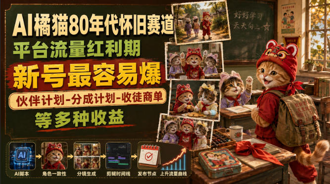 AI橘猫80年代怀旧赛道,平台流量红利期,新号最容易爆,伙伴计划-分成计划-收徒商单等多种收益网创吧-网创项目资源站-副业项目-创业项目-搞钱项目网创吧