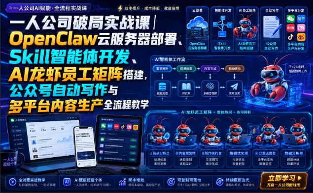 一人公司破局实战课|OpenClaw云服务器部署、Skill智能体开发、AI龙虾员工矩阵搭建,公众号自动写作与多平台内容生产全流程教学网创吧-网创项目资源站-副业项目-创业项目-搞钱项目网创吧