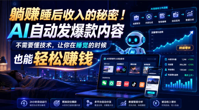 躺賺睡后收入的秘密!AI自动发爆款内容,不需要懂技术,让你在睡觉的时候也能轻松賺钱【原创双语字幕】网创吧-网创项目资源站-副业项目-创业项目-搞钱项目网创吧